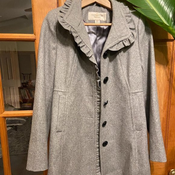 Covington grey wool blend frill short pea coat, size S - Picture 4 of 7